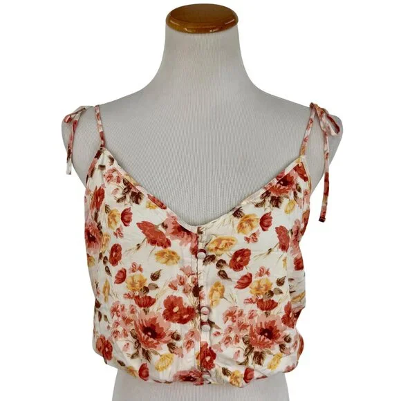 Abercrombie Flirty Romantic Floral Button Front Tie-Strap Feminine Crop Top Cami - Picture 3 of 13